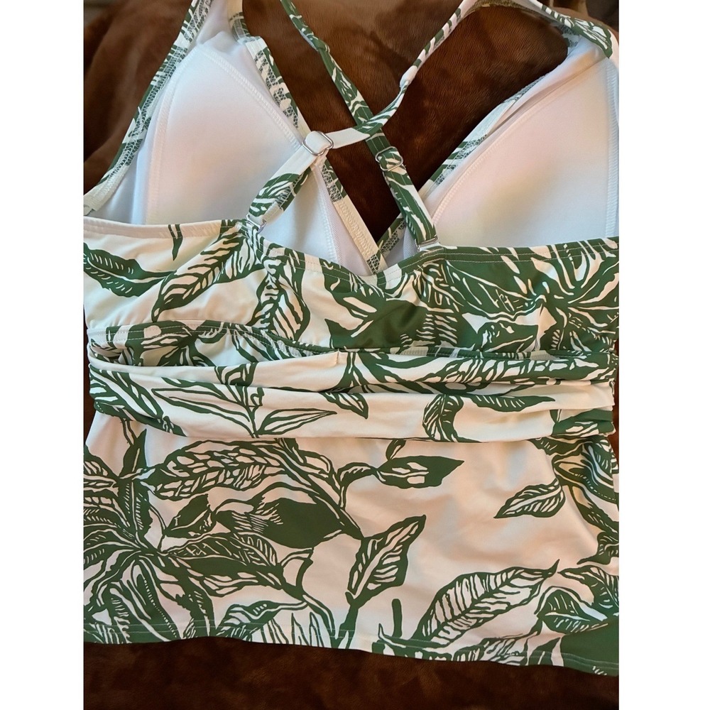 Lands' End Tankini Top Women M Green White Tropical Palm Leaf V-Neck Surplice - Picture 6 of 12